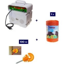 GEMIELETTRONICA Kit Complet Pour Clôture Électrique : 1 X Electrificateur 220V + 1 X Fil 500 MT 6 Mm² + 100 Pcs Isolateur Pour Piquets En Bois - Clôture Électrifiée Pour Animaux Chevaux Chiens Vaches Poules