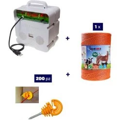 GEMIELETTRONICA Kit Complet Pour Clôture Électrique : 1 X Electrificateur 220V + 1 X Fil 1000 MT 4 Mm² + 200 Pcs Isolateur Pour Piquets En Bois - Clôture Électrifiée Pour Animaux Chevaux Chiens Vaches Poules