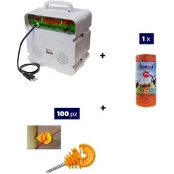 GEMIELETTRONICA Kit Complet Pour Clôture Électrique : 1 X Electrificateur 220V + 1x Fil 250 MT 2,2 Mm² + 100 Pcs Isolateur Pour Piquets En Bois - Clôture Électrifiée Pour Animaux Chevaux Chiens Vaches Poules