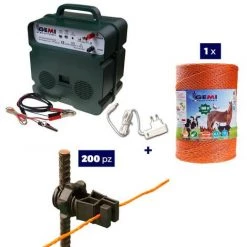 GEMIELETTRONICA Kit Complet Pour Clôture Électrique : 1 X Electrificateur B12 Double Alimentation 12 V / 220 V + 1x Fil 1000 MT 4 Mm² + 200 Pcs Isolateur Pour Piquets En FER - Clôture Électrifiée Pour Chevaux Chiens Sangliers Vaches Porcs Poules