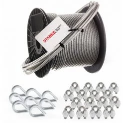 Seilwerk STANKE Câble D’acier Galvanisé Gainé (couche PVC) 5m Diamètre 2mm 1x19, 8x Cosse-coeur, 16x Serre-câble à étrier - SET 3